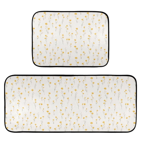 2-Piece Kitchen Mat Set Non Slip Washable Floor Mats Decorative Rugs for Kitchen Sink Laundry Tiny Yellow Flowers Pattern