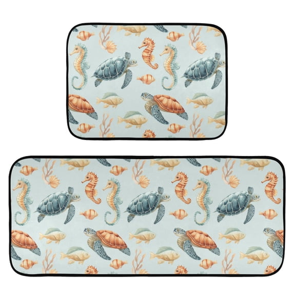 2-Piece Kitchen Mat Set Non Slip Washable Floor Mats Decorative Rugs for Kitchen Sink Laundry Turtles Seahorses and Fish Pattern