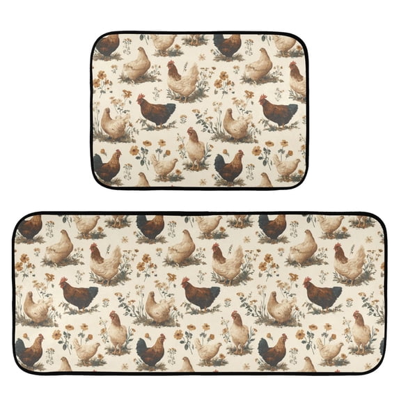 2-Piece Kitchen Mat Set Non Slip Washable Floor Mats Decorative Rugs for Kitchen Sink Laundry Various Poses Chickens Pattern