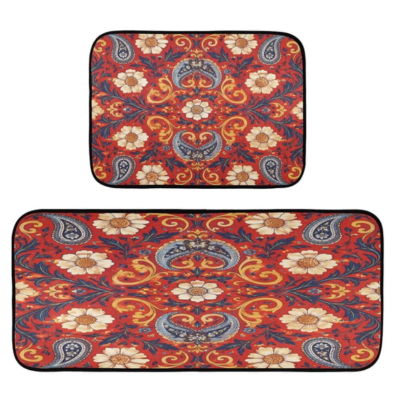 2-Piece Kitchen Mat Set Non Slip Washable Floor Mats Decorative Rugs for Kitchen Sink Laundry Vintage Floral Decorative Pattern