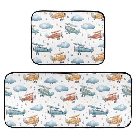 2-Piece Kitchen Mat Set Non Slip Washable Floor Mats Decorative Rugs for Kitchen Sink Laundry Watercolor Airplane Pattern