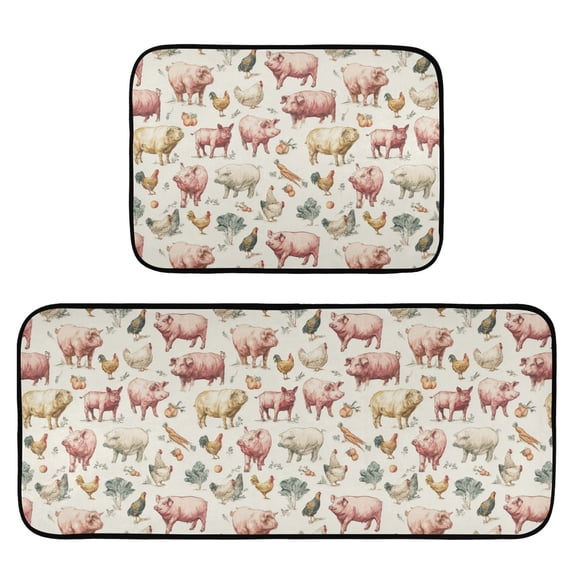 2-Piece Kitchen Mat Set Non Slip Washable Floor Mats Decorative Rugs for Kitchen Sink Laundry Watercolor Farm Animals