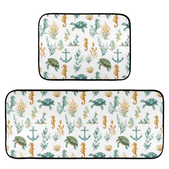 2-Piece Kitchen Mat Set Non Slip Washable Floor Mats Decorative Rugs for Kitchen Sink Laundry Watercolor Sea Life Pattern