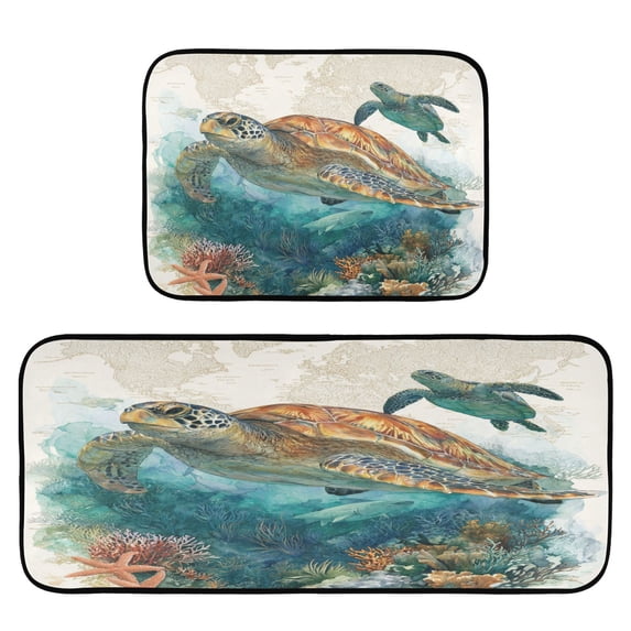 2-Piece Kitchen Mat Set Non Slip Washable Floor Mats Decorative Rugs for Kitchen Sink Laundry Watercolor Sea Turtle
