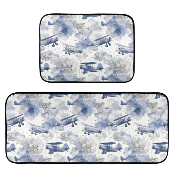 2-Piece Kitchen Mat Set Non Slip Washable Floor Mats Decorative Rugs for Kitchen Sink Laundry Watercolor Vintage Planes