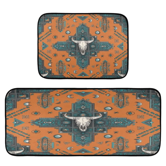 2-Piece Kitchen Mat Set Non Slip Washable Floor Mats Decorative Rugs for Kitchen Sink Laundry Western-style Cowhorn Skulls