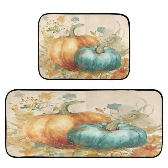 2-Piece Kitchen Mat Set Non Slip Washable Floor Mats Decorative Rugs for Kitchen Sink Laundry Whimsical Watercolor Pumpkins