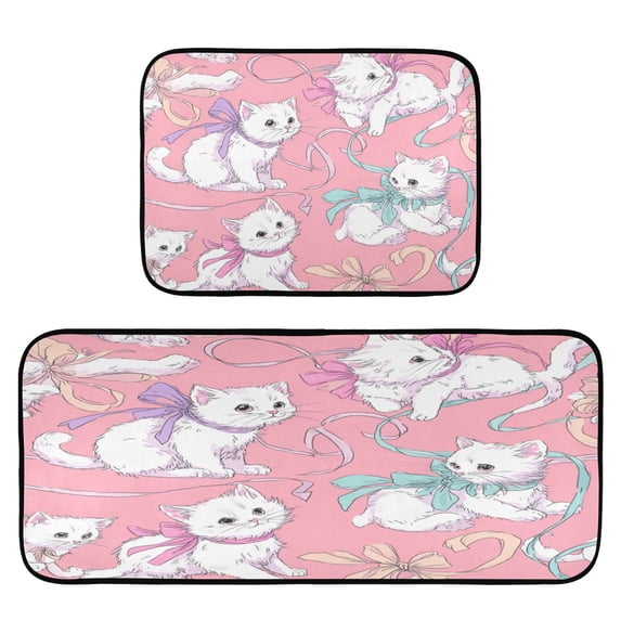 2-Piece Kitchen Mat Set Non Slip Washable Floor Mats Decorative Rugs for Kitchen Sink Laundry White Cat Pattern