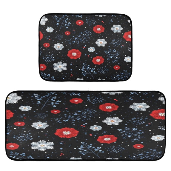 2-Piece Kitchen Mat Set Non Slip Washable Floor Mats Decorative Rugs for Kitchen Sink Laundry White Flowers and Blue Dots