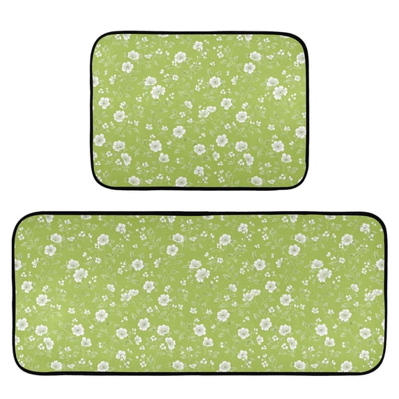 2-Piece Kitchen Mat Set Non Slip Washable Floor Mats Decorative Rugs for Kitchen Sink Laundry White Flowers and Leaves