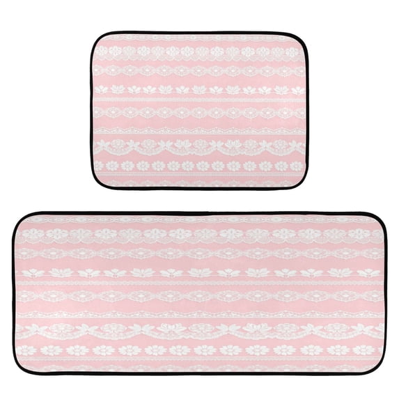 2-Piece Kitchen Mat Set Non Slip Washable Floor Mats Decorative Rugs for Kitchen Sink Laundry White Lace Pattern