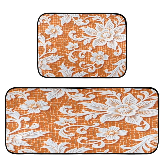 2-Piece Kitchen Mat Set Non Slip Washable Floor Mats Decorative Rugs for Kitchen Sink Laundry White Lace with Openwork Weave