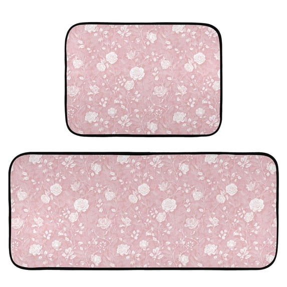 2-Piece Kitchen Mat Set Non Slip Washable Floor Mats Decorative Rugs for Kitchen Sink Laundry White Roses and Vines