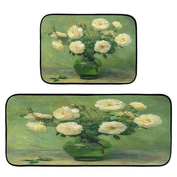 2-Piece Kitchen Mat Set Non Slip Washable Floor Mats Decorative Rugs for Kitchen Sink Laundry White Roses in A Vase
