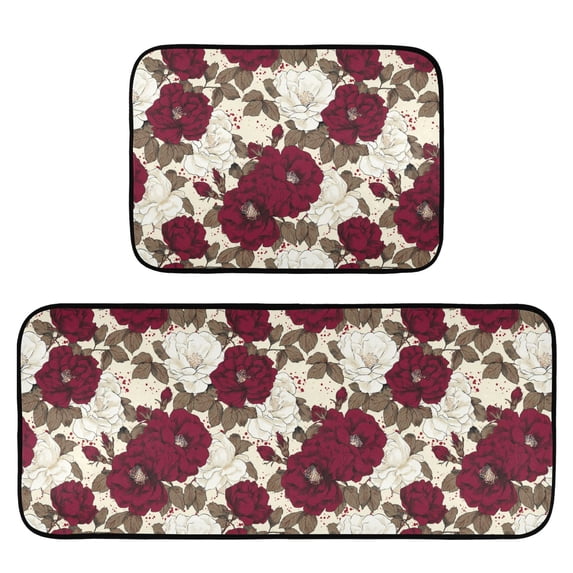 2-Piece Kitchen Mat Set Non Slip Washable Floor Mats Decorative Rugs for Kitchen Sink Laundry White and Crimson Roses Pattern
