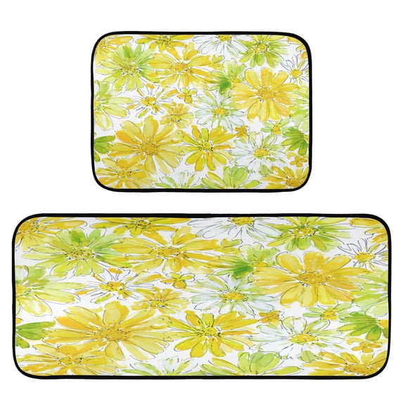 2-Piece Kitchen Mat Set Non Slip Washable Floor Mats Decorative Rugs for Kitchen Sink Laundry Yellow Daisy Pattern