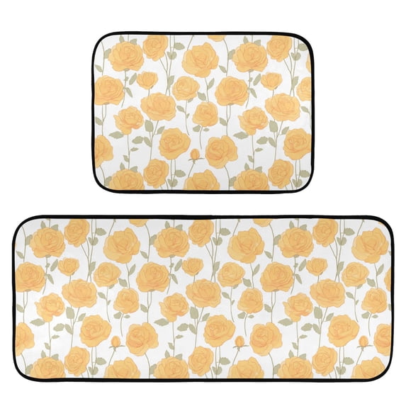 2-Piece Kitchen Mat Set Non Slip Washable Floor Mats Decorative Rugs for Kitchen Sink Laundry Yellow Roses Pattern