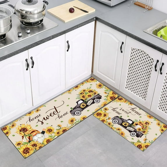 2 Piece Kitchen Mat Set, Non-Slip Waterproof Kitchen Rugs, Anti-Fatigue Comfort Standing Mat, for Kitchen, Sink, Laundry, 17"x 47"+17"x 30", Sunflowers