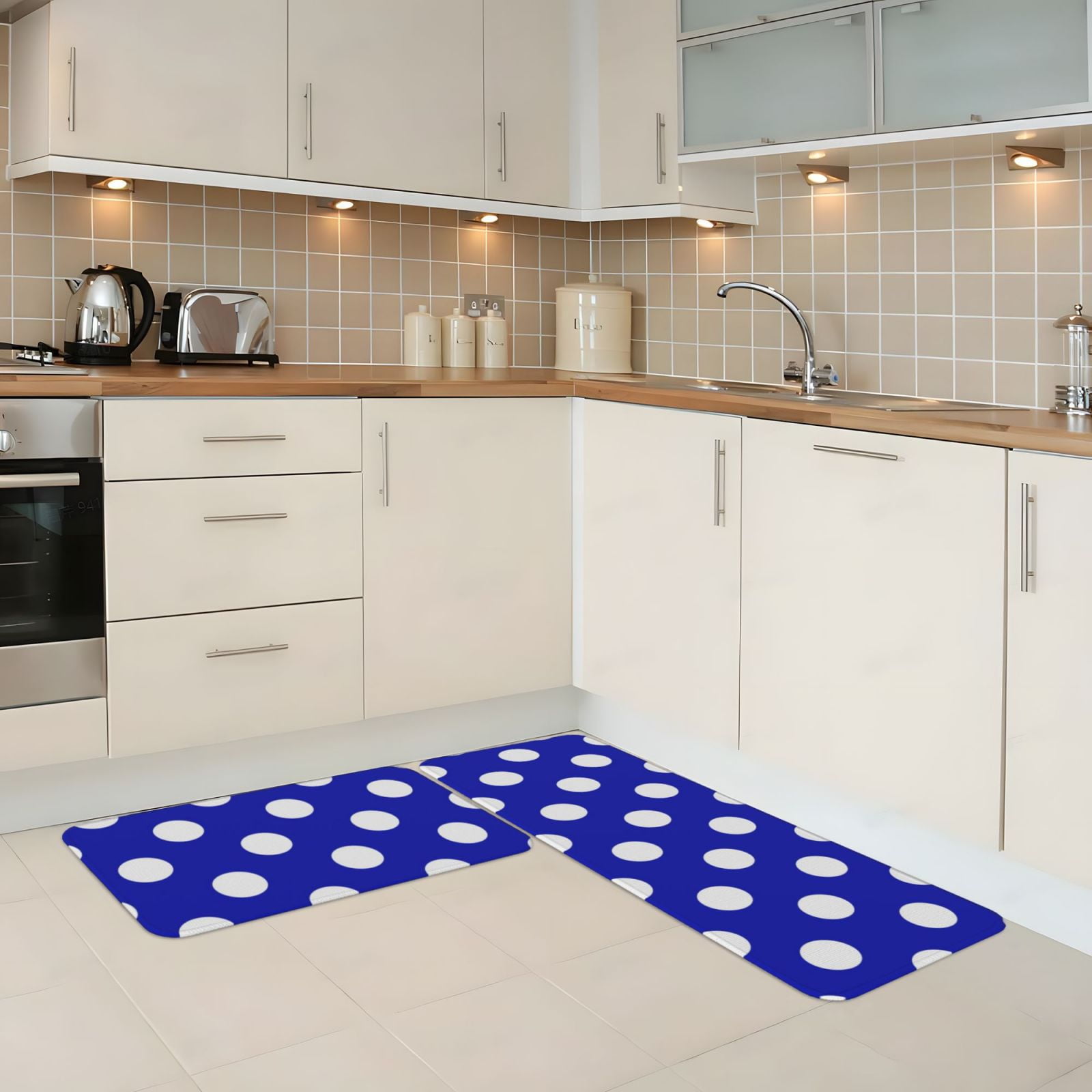 2 Piece Kitchen Mats for Floor, Blue And White Polka Dot Kitchen Rugs