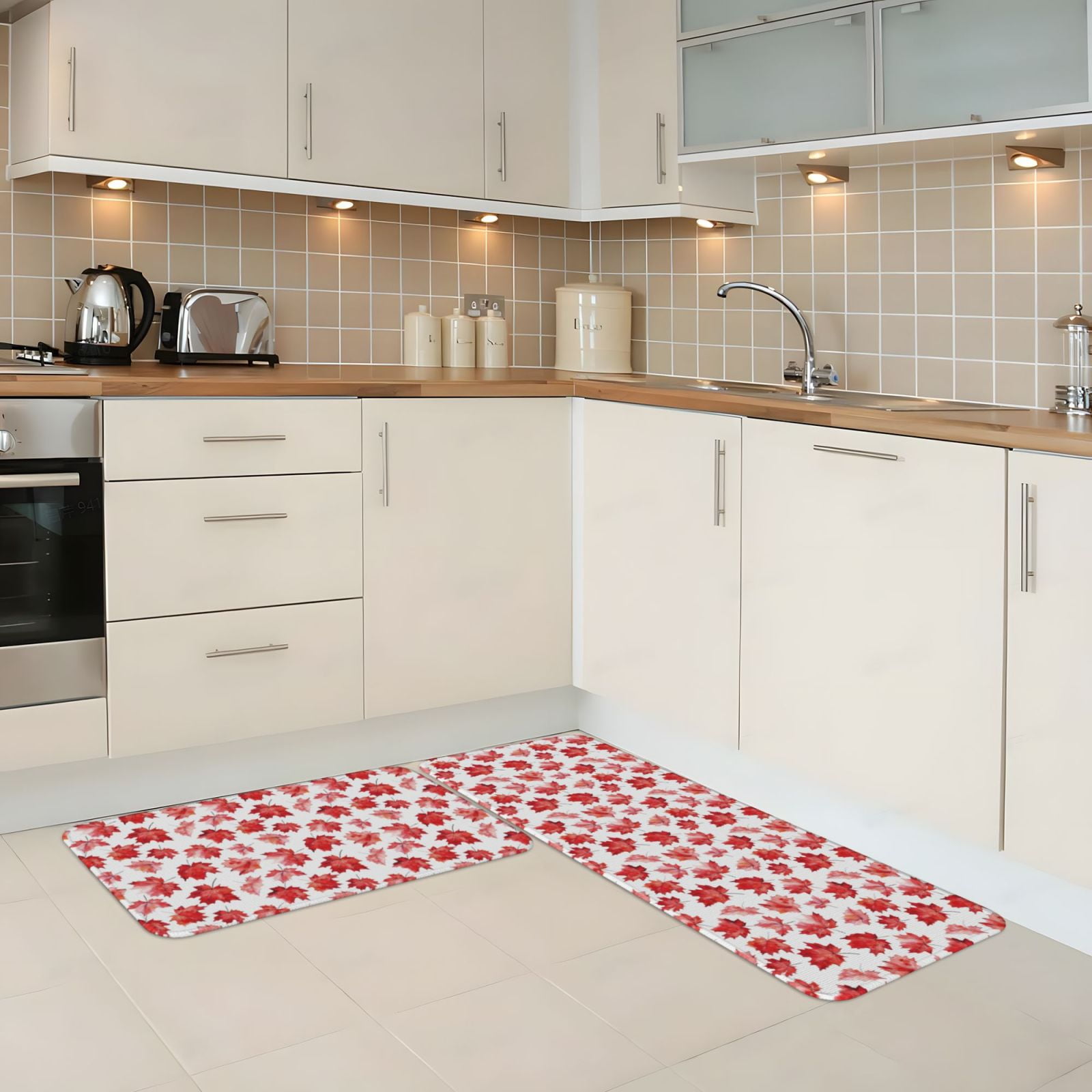 2 Piece Kitchen Mats for Floor, Realistic Maple Leaf Kitchen Rugs Non