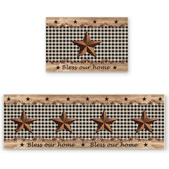 2 Piece Kitchen Rug Set, Farmhouse Black Plaid Non-Slip Floor Mats Absorb Standing Doormat, Vintage Country Star Soft Anti Fatigue Runner Rugs Carpet Sets (18x30+18x48 inch)