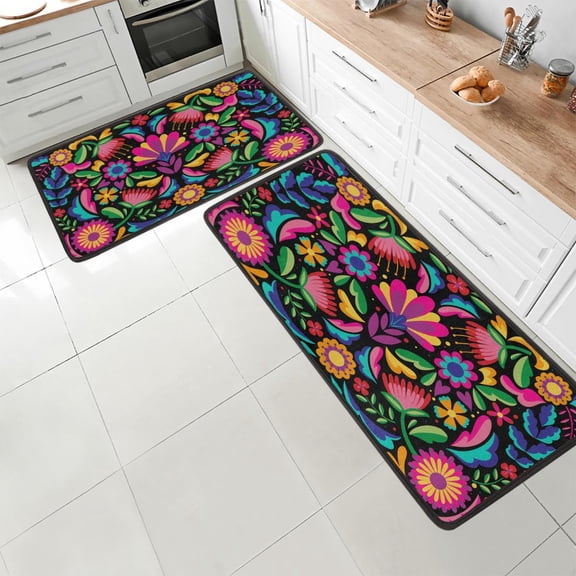 2-Piece Kitchen Rug Set - Mexican Flowers Pattern, Woven, Quick-Dry, Machine Washable, Non-Slip - Perfect for Kitchen, Laundry, Runner Floor Carpet, 17"x29" + 17"x47"