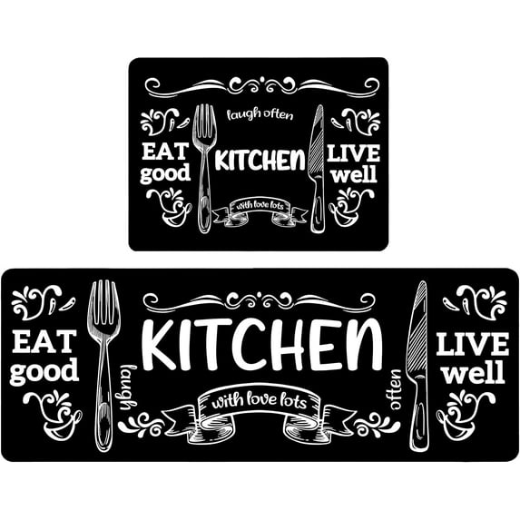 2 Piece Kitchen Rug Set Non-Slip Black Rubber Backing Mat Throw Rug for Kitchen Doormat Runner Rug Set, Kitchen Sink, Kitchen Decor Motto Design(eat Live Laugh), (17"x48"+17"x24")