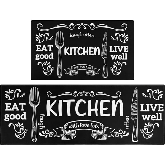 2 Piece Kitchen Rug Set Non-Slip Black Rubber Backing Mat Throw Rug for Kitchen Doormat Runner Rug Set, Kitchen Sink, Kitchen Decor Motto Design(eat Live Laugh 17"x48"+17"x30")
