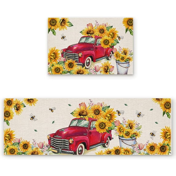 2 Piece Kitchen Rug Set, Sunflower Red Truck Summer Bee Non-Slip Floor Mats Absorb Standing Doormat, Retro Soft Anti Fatigue Runner Rugs Carpet Sets (18x30+18x48 inch)