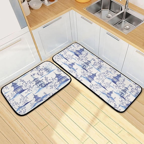 2 Piece Kitchen Rugs and Mats, Chinoiserie Pagodas Cushioned Kitchen Mat Comfort Floor Mat Kitchen Rug Standing Mats for Kitchen, Sink, Bathroom, Laundry (20x47 Inch+20x28 Inch) Home Decor Gifts