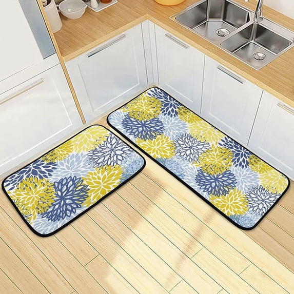 2 Piece Kitchen Rugs and Mats, Floral Blue Chrysanthemum Cushioned Kitchen Mat Comfort Floor Mat Kitchen Rug Standing Mats for Kitchen, Sink, Laundry (20x47 Inch+20x28 Inch) Home Decor Gifts