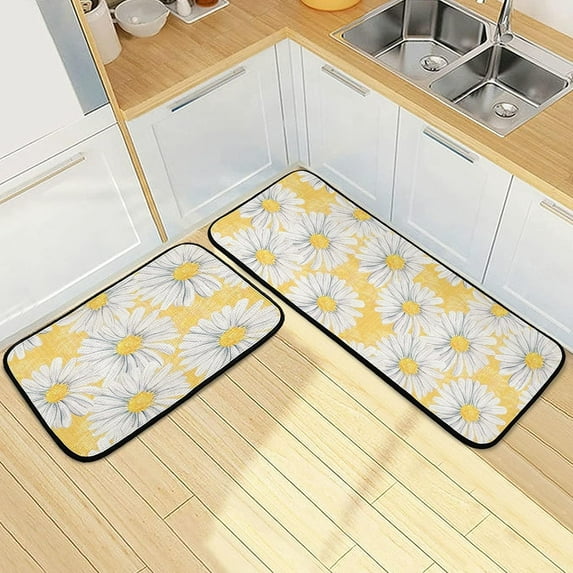 2 Piece Kitchen Rugs and Mats, Watercolor Floral Daisy Flower Cushioned Kitchen Mat Comfort Floor Mat Kitchen Rug Standing Mats for Kitchen, Sink, Laundry (20x47 Inch+20x28 Inch) Home Decor Gifts