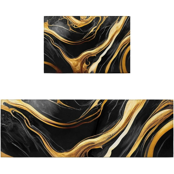 2 Piece Kitchen Rugs Set, Black Gold Marble Kitchen Rugs and Mats Non Skid Washable, Ink Modern Abstract Art Absorbent Floor Mat for Sink/Hallway/Laundry, 18"x30"+18"x48"