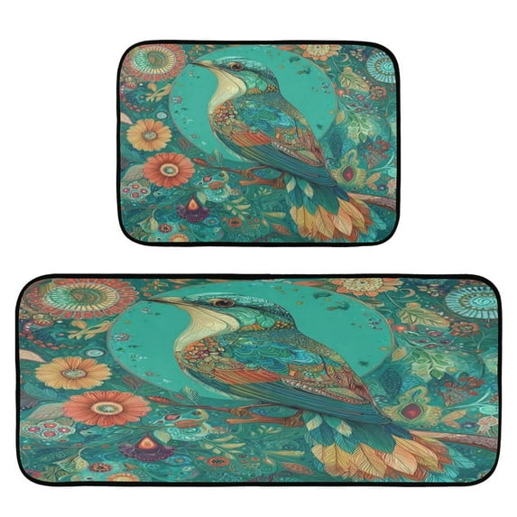 2-Piece Kitchen Rugs Set Non-Slip Mats Carpet Floor for Kitchen, Bathroom (19.7"x27.6" & 19.7"x47.2") Beautiful Psychedelic Bird