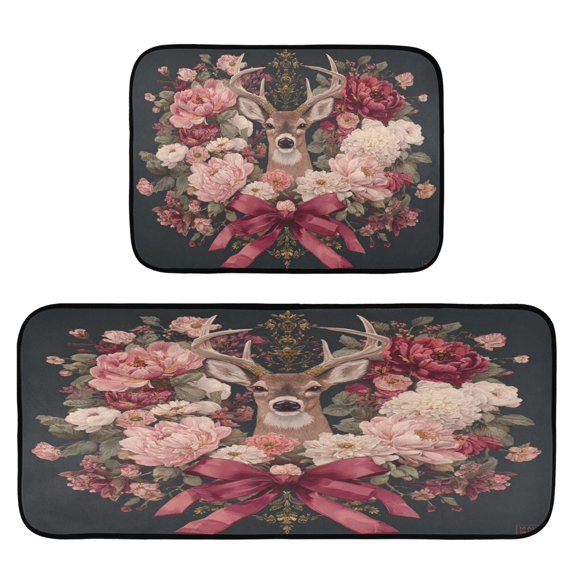 2-Piece Kitchen Rugs Set Non-Slip Mats Carpet Floor for Kitchen, Bathroom (19.7"x27.6" & 19.7"x47.2") Beautiful and Detailed Deer