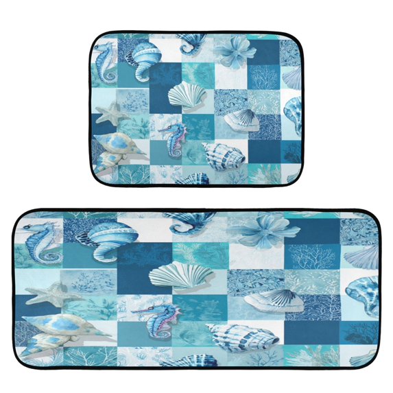 2-Piece Kitchen Rugs Set Non-Slip Mats Carpet Floor for Kitchen, Bathroom (19.7"x27.6" & 19.7"x47.2") Blue Marine Life Patterns