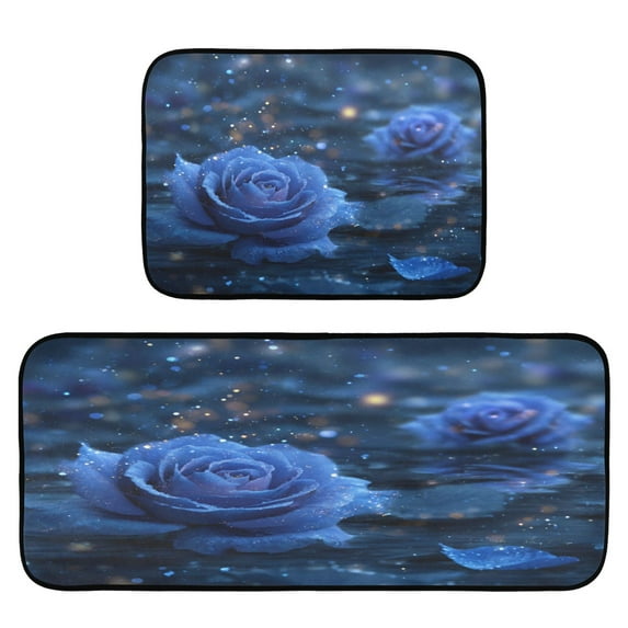 2-Piece Kitchen Rugs Set Non-Slip Mats Carpet Floor for Kitchen, Bathroom (19.7"x27.6" & 19.7"x47.2") Blue Rose Pattern