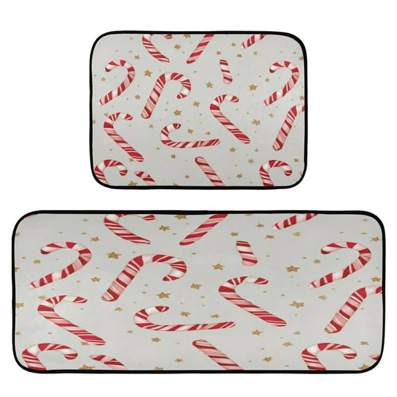 2-Piece Kitchen Rugs Set Non-Slip Mats Carpet Floor for Kitchen, Bathroom (19.7"x27.6" & 19.7"x47.2") Candy Cane and Gold Stars