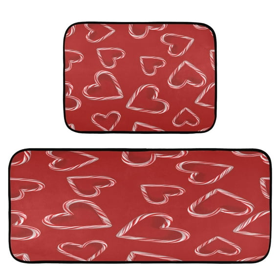 2-Piece Kitchen Rugs Set Non-Slip Mats Carpet Floor for Kitchen, Bathroom (19.7"x27.6" & 19.7"x47.2") Candy Cane-shaped Hearts Pattern