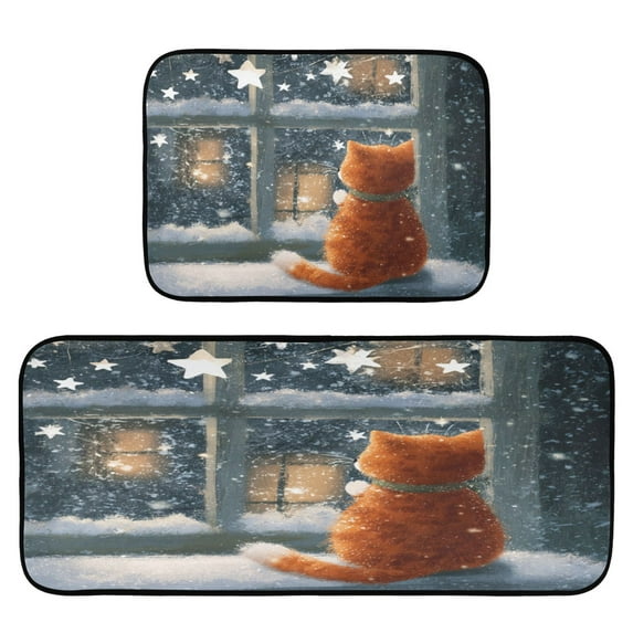 2-Piece Kitchen Rugs Set Non-Slip Mats Carpet Floor for Kitchen, Bathroom (19.7"x27.6" & 19.7"x47.2") Cat by The Window