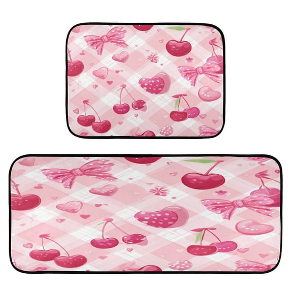 2-Piece Kitchen Rugs Set Non-Slip Mats Carpet Floor for Kitchen, Bathroom (19.7"x27.6" & 19.7"x47.2") Cherry and Pink Bow Pattern