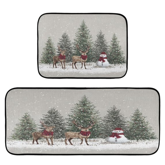 2-Piece Kitchen Rugs Set Non-Slip Mats Carpet Floor for Kitchen, Bathroom (19.7"x27.6" & 19.7"x47.2") Christmas Deer and Snowmen