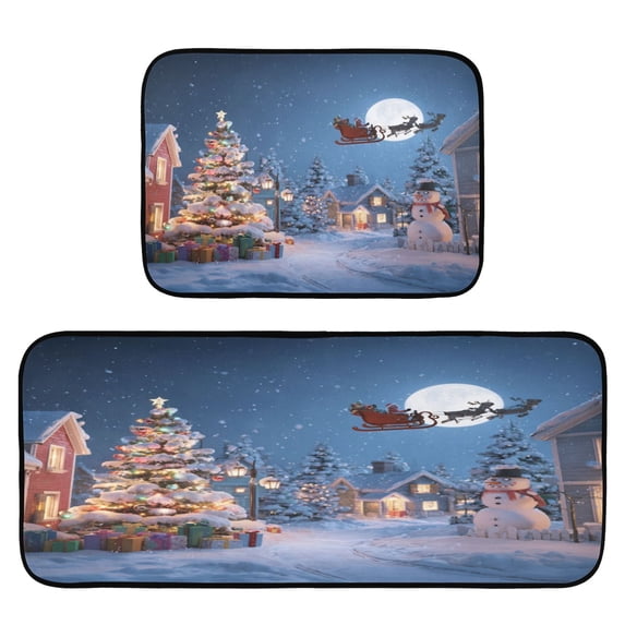 2-Piece Kitchen Rugs Set Non-Slip Mats Carpet Floor for Kitchen, Bathroom (19.7"x27.6" & 19.7"x47.2") Christmas Night Scene