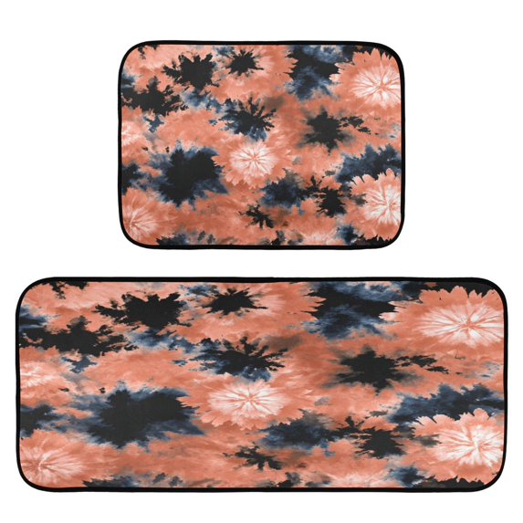 2-Piece Kitchen Rugs Set Non-Slip Mats Carpet Floor for Kitchen, Bathroom (19.7"x27.6" & 19.7"x47.2") Coral and Black Tie-dye Pattern