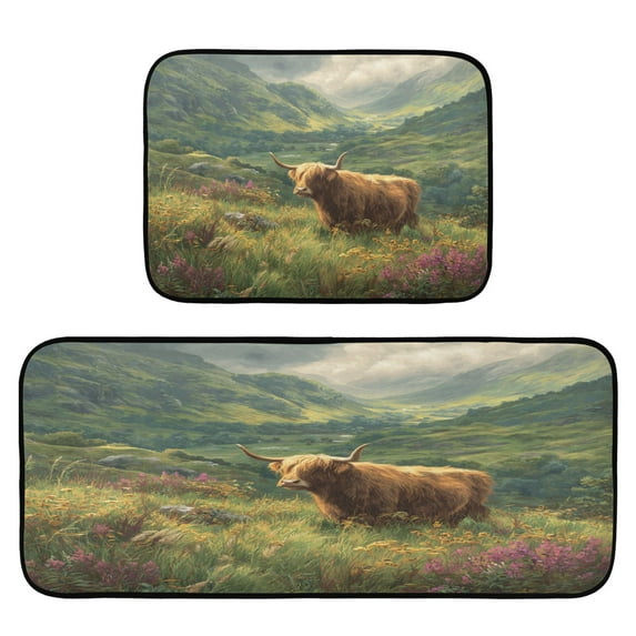 2-Piece Kitchen Rugs Set Non-Slip Mats Carpet Floor for Kitchen, Bathroom (19.7"x27.6" & 19.7"x47.2") Cow in Green Rolling Hills