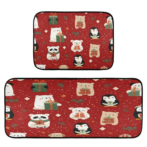 2-Piece Kitchen Rugs Set Non-Slip Mats Carpet Floor for Kitchen, Bathroom (19.7"x27.6" & 19.7"x47.2") Cute Christmas Animals
