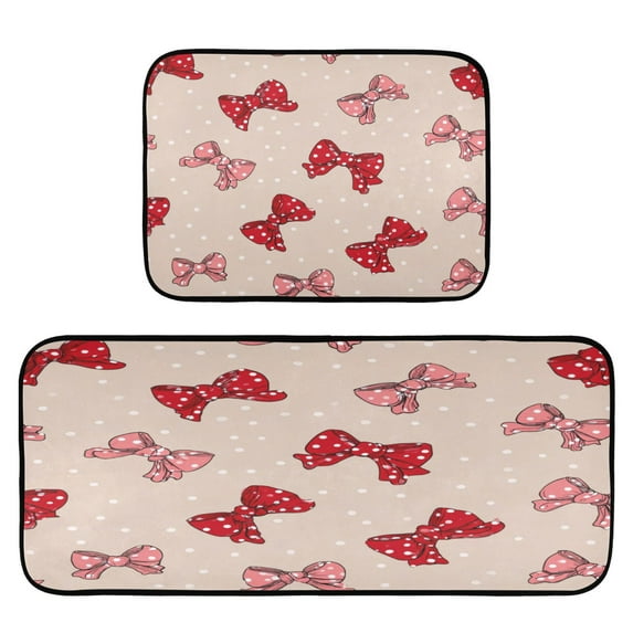 2-Piece Kitchen Rugs Set Non-Slip Mats Carpet Floor for Kitchen, Bathroom (19.7"x27.6" & 19.7"x47.2") Cute Red Bows Pattern
