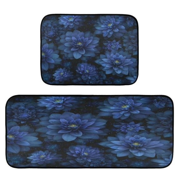 2-Piece Kitchen Rugs Set Non-Slip Mats Carpet Floor for Kitchen, Bathroom (19.7"x27.6" & 19.7"x47.2") Deep Blue Flower