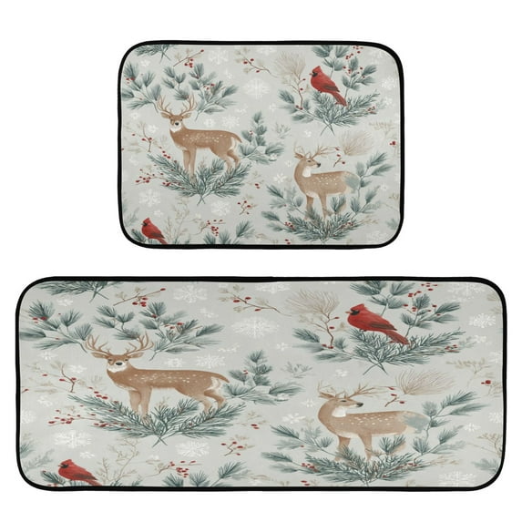 2-Piece Kitchen Rugs Set Non-Slip Mats Carpet Floor for Kitchen, Bathroom (19.7"x27.6" & 19.7"x47.2") Deer and Cardinals Pattern