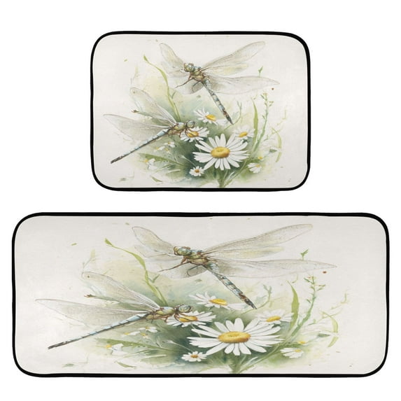 2-Piece Kitchen Rugs Set Non-Slip Mats Carpet Floor for Kitchen, Bathroom (19.7"x27.6" & 19.7"x47.2") Dragonflies with White Daisies